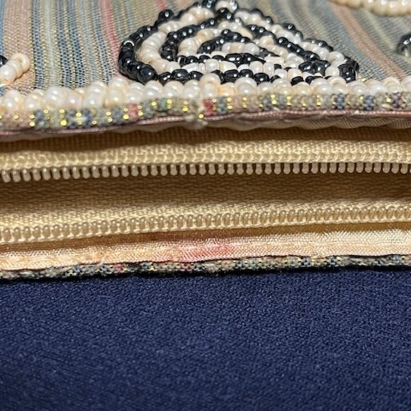 Handmade Beaded Hearts Striped Metallic Fabric Purse Pouch Bag 5.5"x3.75" - Picture 7 of 7